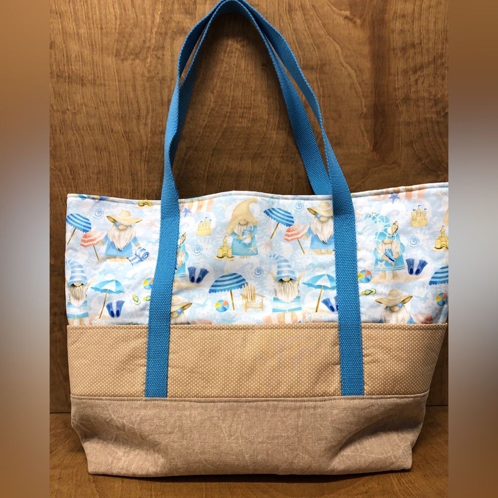 LG Beach Gnome Tote Bag Pockets Handmade Cotton Canvas Reusable Gift Summertime